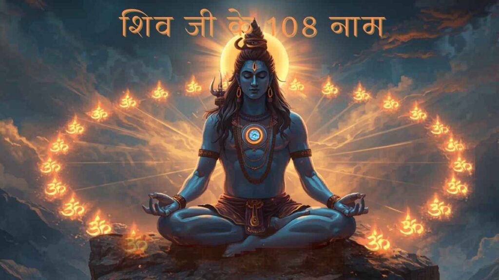 शिव जी के 108 नाम Hindi में - भगवान शिव ध्यान मुद्रा में त्रिशूल और ॐ चिन्ह के साथ divine illustration