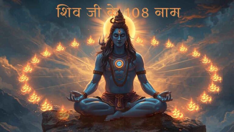 शिव जी के 108 नाम Hindi में - भगवान शिव ध्यान मुद्रा में त्रिशूल और ॐ चिन्ह के साथ divine illustration