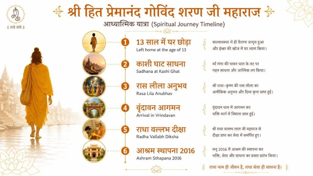 प्रेमानंद जी महाराज की आध्यात्मिक यात्रा - काशी से वृंदावन तक का सफर timeline