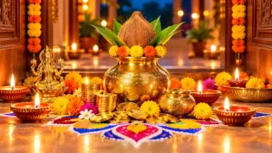 धनतेरस 2026 की पूजा में दीपक, कलश, सिक्के और रंगोली
